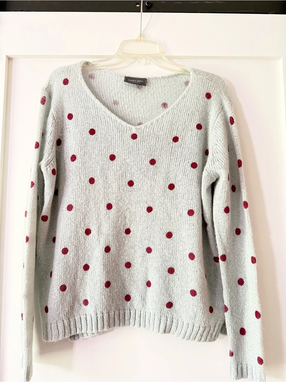 Wooden Ships Light Gray V-Neck Sweater with Red Polka Dots